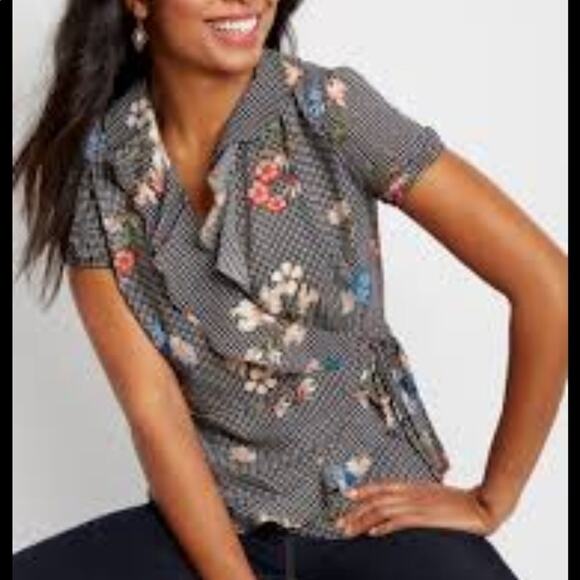 Sugar High Gingham Floral Ruffled Wrap Blouse Womens L Romantic Flutter Sleeve - Picture 2 of 14